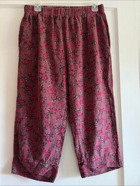 Vintage Floral Maroon Elastic Waist Cropped Pants